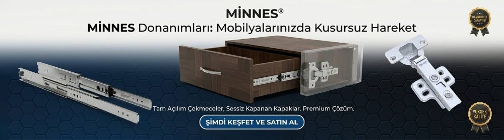 Minnes marka tam açılım bilyalı çekmece rayı, mobilya menteşesi ve ahşap çekmece modülünü gösteren web sitesi banner görseli.